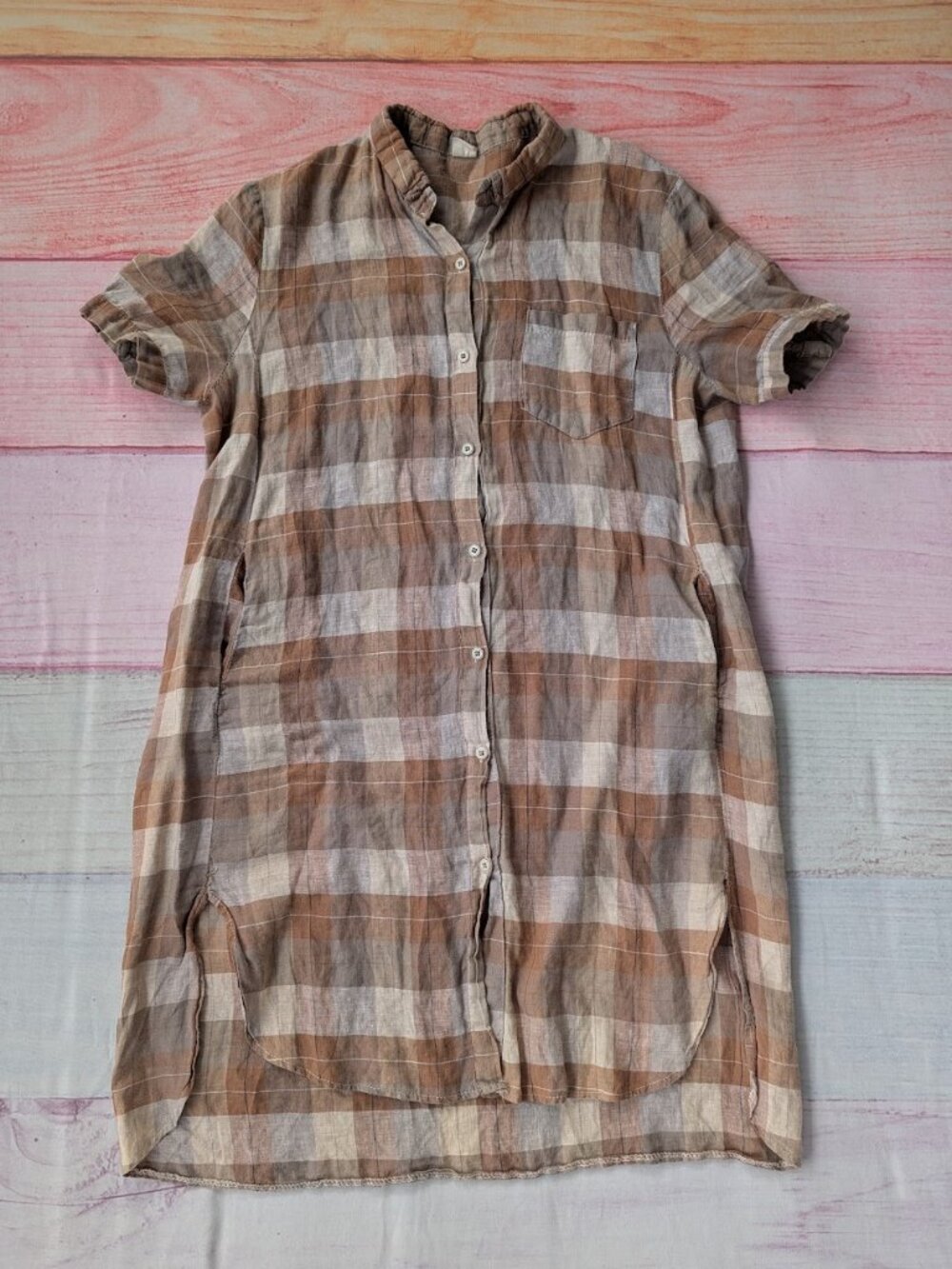 Ouwen Brown Plaid Linen Shirt Dress M/L